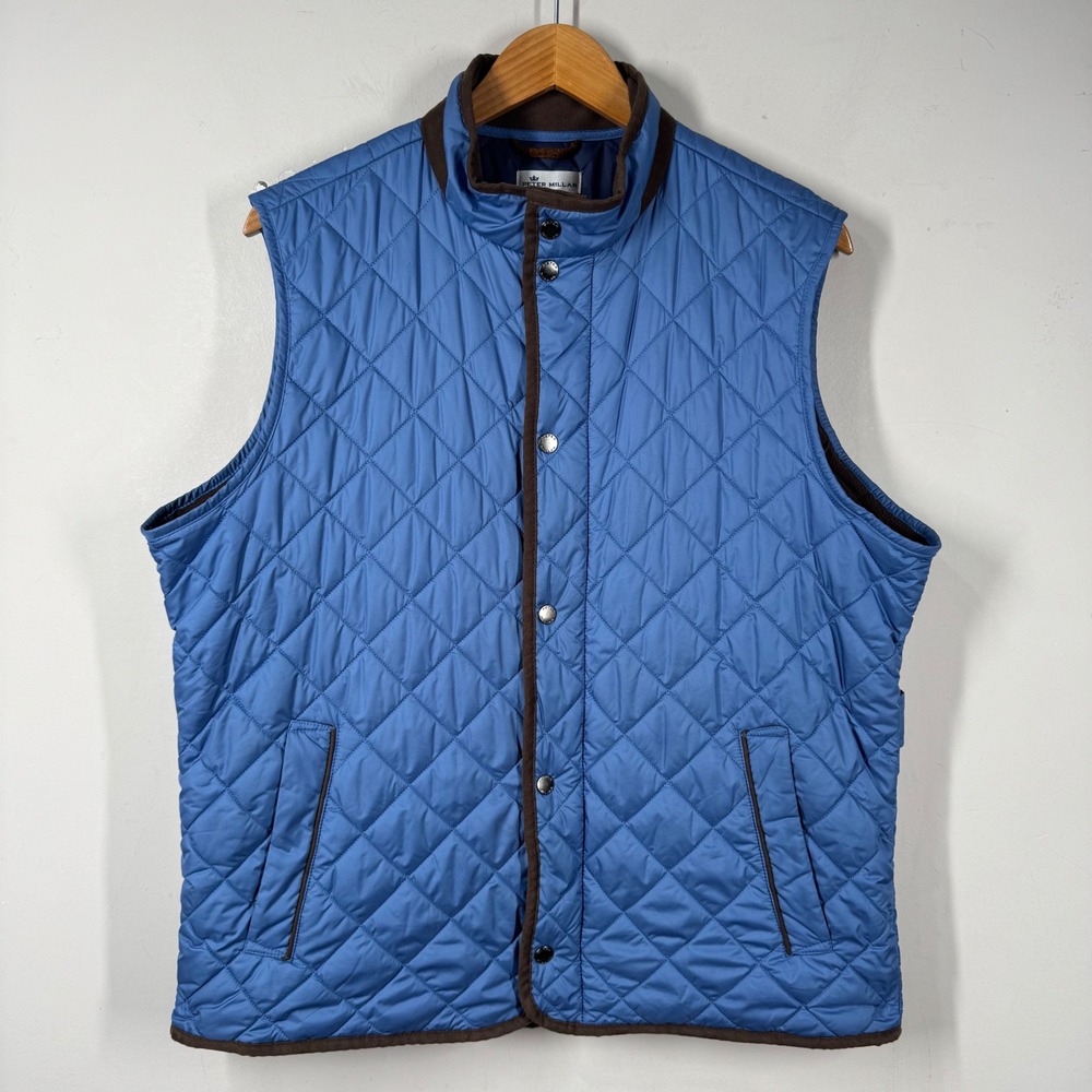 Peter Millar Essex Quilted Vest Men L Blue Full Zip Snap Front Fleece Lined FLAW